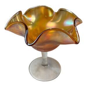 Vintage Fenton Carnival Glass Marigold Ruffled Edge‎ Compote - Frosted Base - 6”